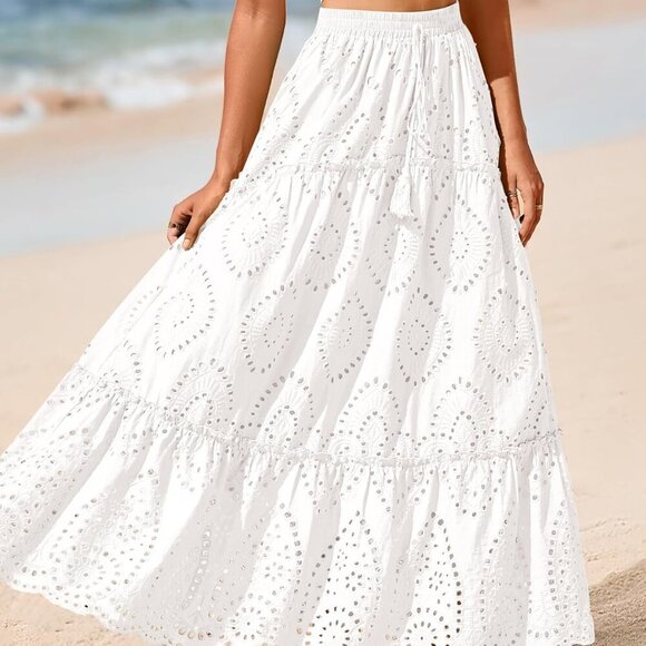 Women Boho Casual Skirts Summer 2025 Lace Embroidery Eyelet Elastic Waist Flowy - Picture 6 of 8